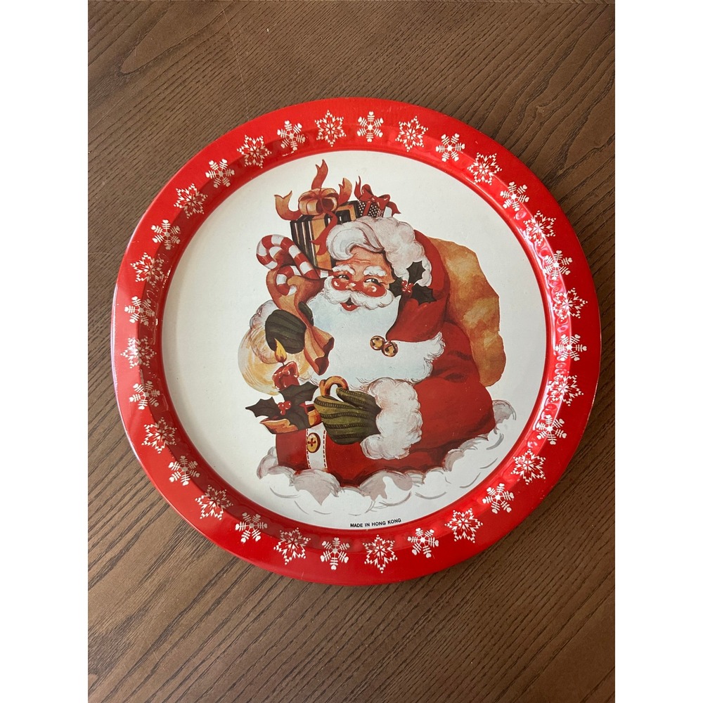 Vintage Santa Claus Round Tin Christmas Serving Tray Red Snowflake Hong Kong
